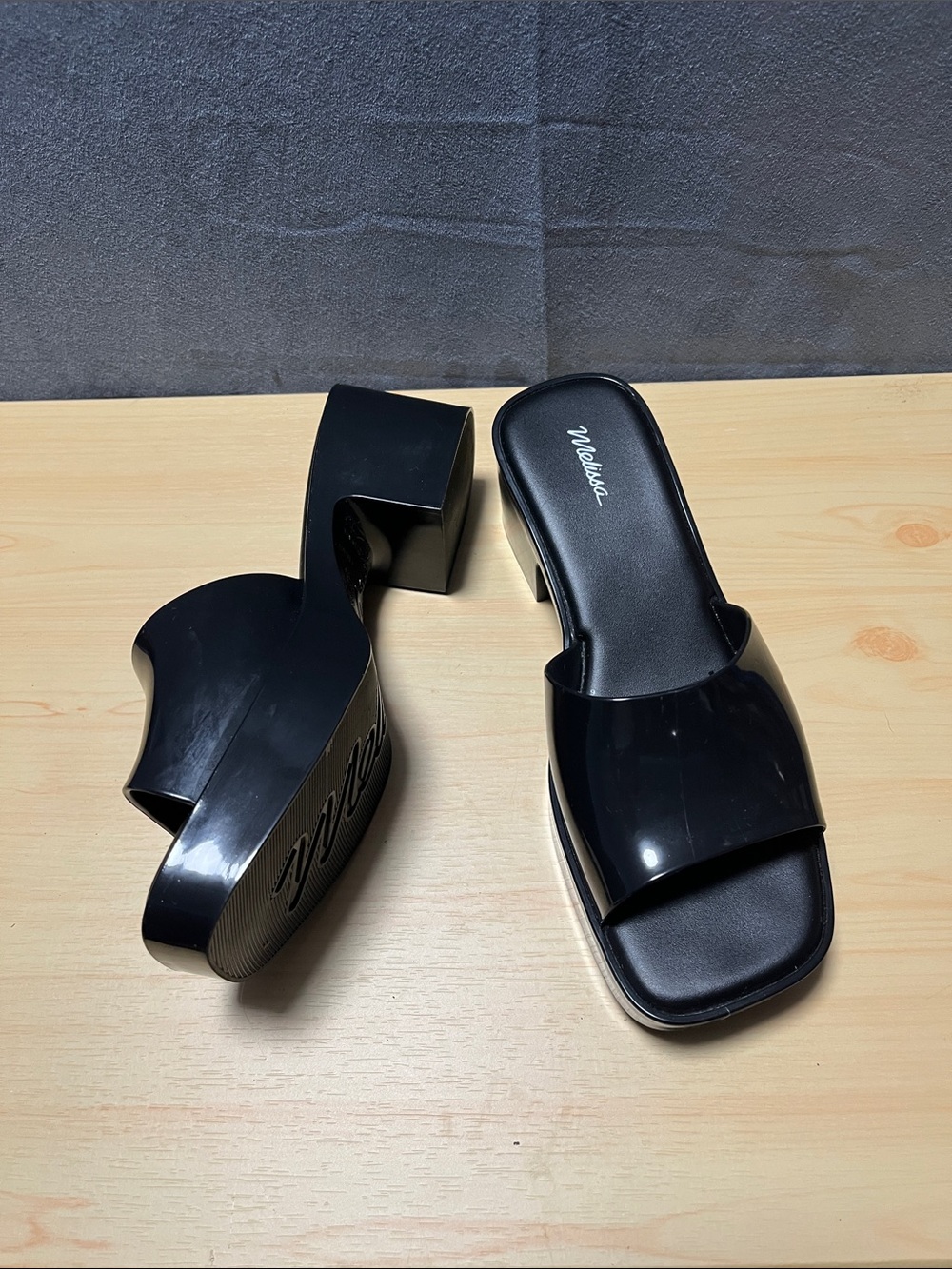 MELISSA Jelly Shape Rubber Platform Mules Sandals Black Size 7 Goth Y2K Glossy